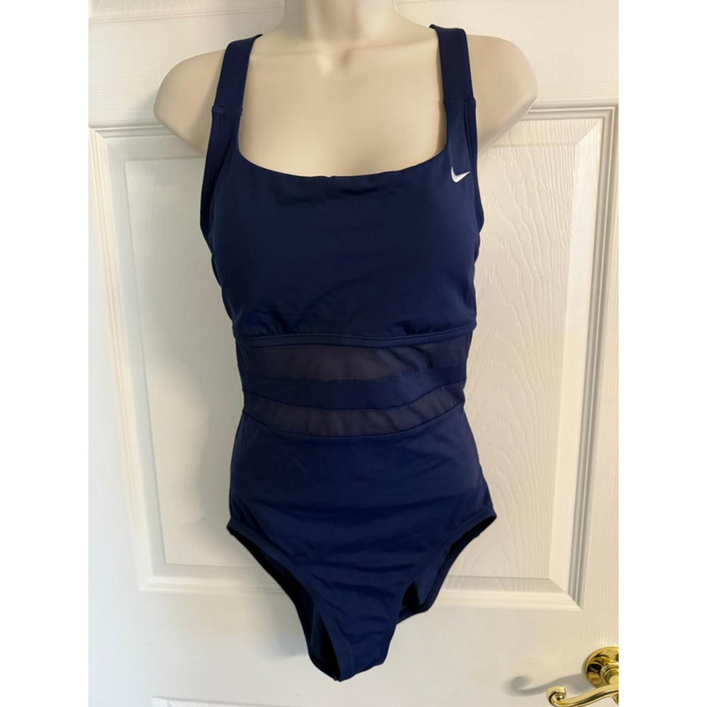Nike Women's Standard Mesh Solid Edge V-Back One Piece Swimsuit Size L Navy